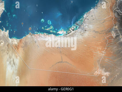 Satellite de l'Émirat d'Abu Dhabi, Émirats Arabes Unis (avec des frontières). Cette image a été compilé à partir de données acquises par satellite Landsat 8 en 2014. Banque D'Images