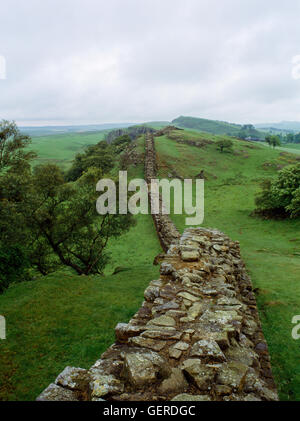 À l'ENE le long mur d'Hadrien à Walltown rochers escarpés, Northumberland : Rome's Northern Frontier décrété par l'empereur Hadrien après sa visite dans AD122. Banque D'Images