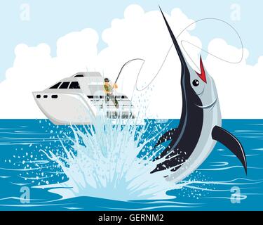 Vector illustration d'un pêcheur attrape marlin Illustration de Vecteur