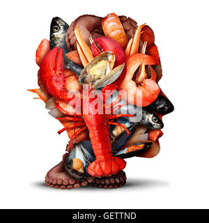 Concept de la pensée de fruits de mer comme un groupe de crustacés mollusques et poissons regroupés en forme de tête humaine ou poissonnier symbole comme repas frais de l'océan de l'information avec les palourdes vapeur Crevettes Homard moules poulpes et les sardines. Banque D'Images