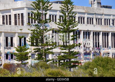 Vieux, tagged et vacants Fremantle Maison du pouvoir avec le Norfolk pins et la végétation des dunes en Amérique du Coogee, l'ouest de l'Australie. Banque D'Images