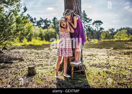 Deux sœurs jouant dans les bois. Banque D'Images