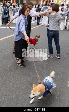 Trois personnes et deux chiens en petits manteaux traditionnels réunion dans une rue latérale, au cours de la sanja matsuri 2016. Asakusa Tokyo Japon Banque D'Images