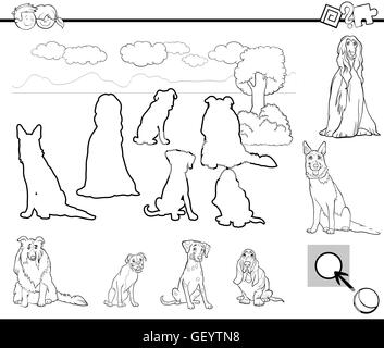 Cartoon noir et blanc Illustration de Tâche d'activités éducatives pour les enfants d'âge préscolaire avec des chiens de race caractères animaux fo Illustration de Vecteur
