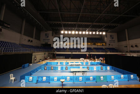 Une vue de la table de tennis de table à la Minas Tennis Country Club à Belo Horizonte, Brésil, où l'équipe Go permettra de former des athlètes. Banque D'Images