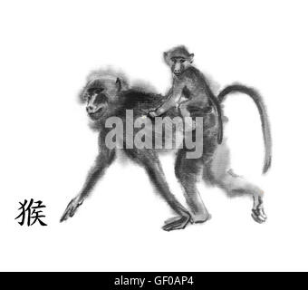 Peinture encre oriental singe avec 'Monkey' hiéroglyphe chinois. Mère babouin avec un bébé à cheval sur son dos. Isolé sur blanc. Banque D'Images