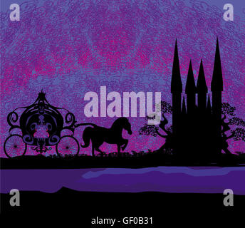 Silhouette d'une calèche et d'un château médiéval Banque D'Images