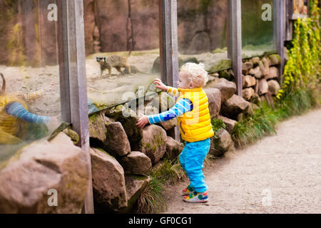 Petit garçon, mignon tout-petit enfant regardant hyène dans le zoo sur une froide journée d'automne. Enfant à la recherche sur les animaux au parc safari. Banque D'Images