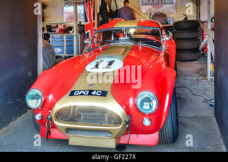 1964 AC Cobra dans le paddock garage préparé pour la célébration, course TT RAC 2015 Goodwood Revival, Sussex, UK. Banque D'Images