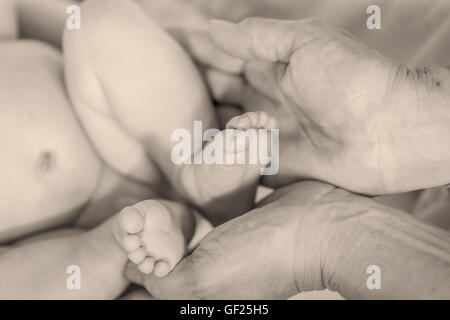 Bébé nouveau-né garçon pieds dans les mains de la mère, Monochrome Shoot Banque D'Images