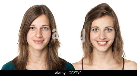 Ensemble de deux portraits de la même jeune femme, l'une avant et l'autre après la mise sur le maquillage Banque D'Images