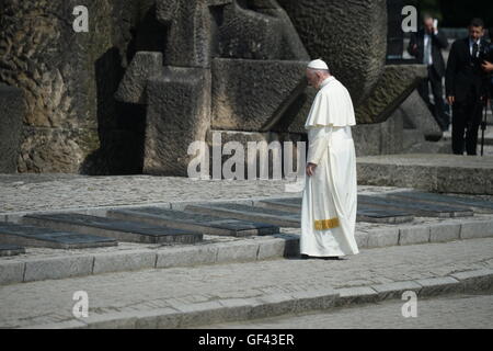 Auschwitz, en Pologne. 29 juillet, 2016. Le pape François visites l'ancien camp d'extermination nazis d'Auschwitz-Birkenau à Oswiecim, Pologne le vendredi 29 juillet 2016. Il dépense une "journée du silence" ici, prendre part à la Journée mondiale de la Jeunesse (JMJ) qui a eu lieu en Pologne. Photo : Armin Weigel/dpa dpa : Crédit photo alliance/Alamy Live News Banque D'Images