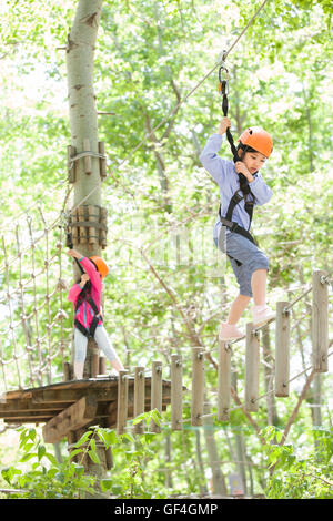 Peu de filles en jouant à tree top adventure park Banque D'Images