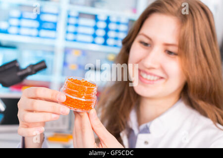 Technicien dans le laboratoire de la qualité des poissons artificiels caviar Banque D'Images