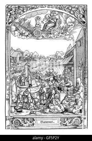 Gravure sur bois par Hans Sebald Beham (1500-1550), de 'La successions de la semaine' : sous l'astrologic signe de Saturne une série de scènes de la vie urbaine en ces jours (samedi). Le boucher dans l'avant-plan ses porcs d'abattage n'est peut-être la scène la plus douce dans l'ensemble de l'illustration. Banque D'Images