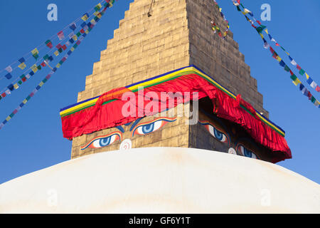 Stupa de Boudhanath, yeux Détail, Katmandou, Népal Banque D'Images