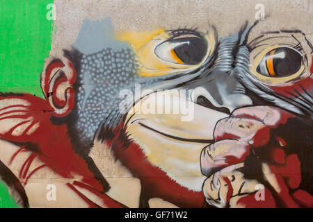 Perfectionnement professionnel de haute qualité l'art du graffiti sur un chantier de la thésaurisation, Kota Kinabalu, Sabah, Bornéo, montrant un jeune orang-outan Banque D'Images