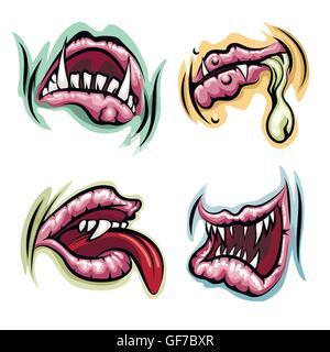 Monster bouche vector set. Monster des lèvres, de la langue et la bouche ouverte avec les dents. Illustration de Vecteur