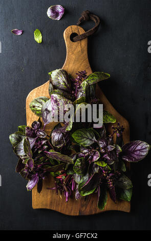 Bouquet de basilic violet sur la planche à découper en bois Banque D'Images