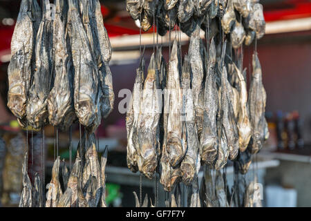 Barbotte poisson salé séché gobie sur un cordon en vente dans la rue du marché Banque D'Images