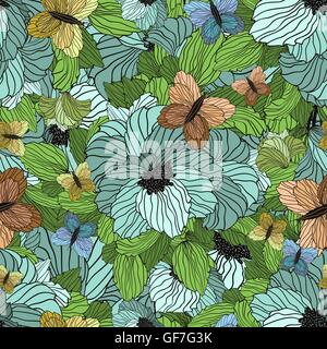 Modèle d'ornement florale avec fleurs, feuilles et papillons Illustration de Vecteur
