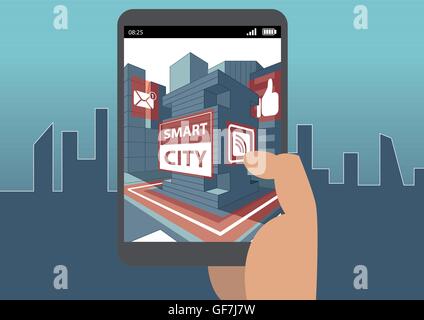 Des ville et concept de réalité augmentée avec la holding smartphone Illustration de Vecteur