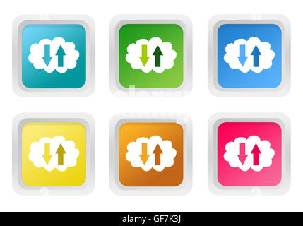 Ensemble de boutons colorés au carré avec symbole nuages en bleu, vert, jaune, rose et orange Banque D'Images