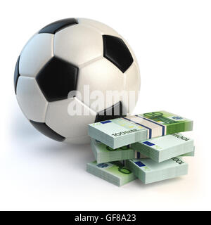 Ballon de football ou de soccer et les paquets de euro isolé sur blanc. Paris sport concept. 3d illustration Banque D'Images