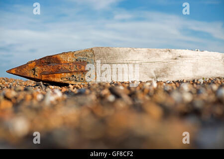 !00 ans épi en bois portant sur la plage en raison de l'érosion côtière, Bawdsey Ferry, Suffolk, UK. Banque D'Images