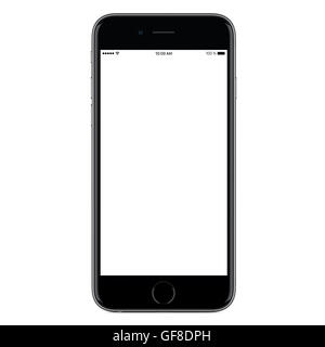 Directement vue frontale d'un smart phone mobile noir moderne avec la maquette d'écran vide isolé sur fond blanc. Banque D'Images