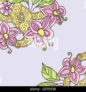 Fond carré dessiné à la main avec des fleurs colorées, leafs doodle Illustration de Vecteur