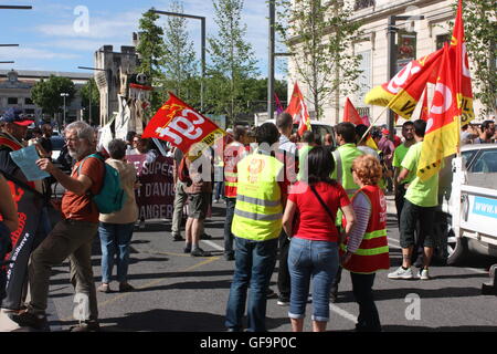 Les travailleurs français en grève plus cheval de Troie pour protester contre les lois proposées par le gouvernement dans les rues d'Avignon. Banque D'Images