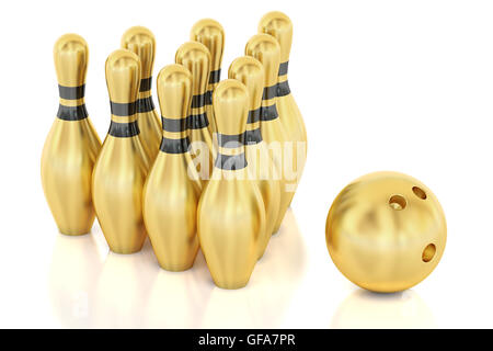 Golden Bowling, rendu 3D isolé sur fond blanc Banque D'Images