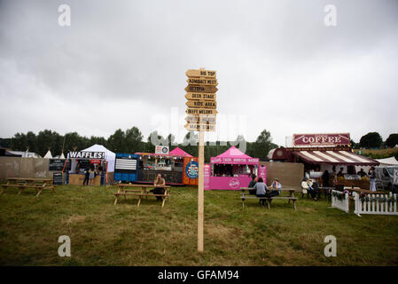 Hertfordshire, Royaume-Uni, le 29 juillet, 2016. Poteau de signalisation à Standon appelant Festival, Hertfordshire, Royaume-Uni. Credit : Sean Hood/Alamy Live News Banque D'Images