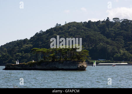 Une vue générale de Matsushima Bay vu à partir d'un bateau dans le cadre de la ''1000km relais à Tokyo 2016'' dans l'événement de promotion de Matsushima le 30 juillet 2016, Miyagi, au Japon. Il y a environ 260 petites îles dans la baie, dont le nom signifie Pine Islands. Au moment de la Mars 2011 tremblement de terre et tsunami les îles a servi comme un obstacle naturel d'affaiblir l'impact du tsunami sur la ville côtière. Matsushima est l'un des endroits les plus populaires à visiter pour les touristes dans la région. © Rodrigo Reyes Marin/AFLO/Alamy Live News Banque D'Images