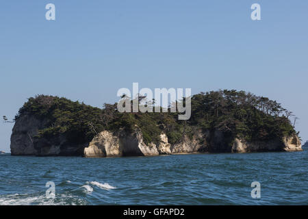 Une vue générale de Matsushima Bay vu à partir d'un bateau dans le cadre de la ''1000km relais à Tokyo 2016'' dans l'événement de promotion de Matsushima le 30 juillet 2016, Miyagi, au Japon. Il y a environ 260 petites îles dans la baie, dont le nom signifie Pine Islands. Au moment de la Mars 2011 tremblement de terre et tsunami les îles a servi comme un obstacle naturel d'affaiblir l'impact du tsunami sur la ville côtière. Matsushima est l'un des endroits les plus populaires à visiter pour les touristes dans la région. © Rodrigo Reyes Marin/AFLO/Alamy Live News Banque D'Images