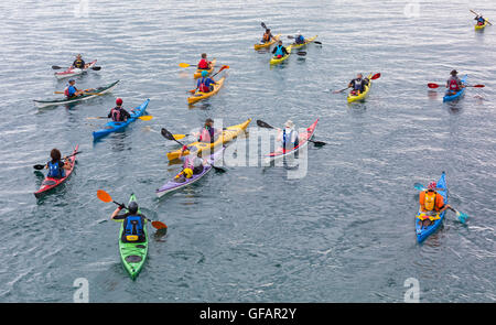 Swanage, Dorset, UK. 30 juillet, 2016. De nombreux kayakistes dans différentes couleurs de kayaks de prendre à la baie de Swanage en juillet. Credit : Carolyn Jenkins/Alamy Live News Banque D'Images