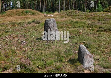 Tratkownica, Pologne. , . Journée ensoleillée et chaude dans le nord de la Pologne village de Tratkownica il a de bonnes raisons de visiter le vieux cimetière dans Tratkownica, mystérieuse. Le cimetière dans Tratkownica fondée par les Goths dans le siècle. Goths est venu à la kachoube Lake District de Scandinavie, apportant avec elle de nouveaux structures funéraires en pierre entouré de monticules - couronnes. Entre les monticules ont été cercles de l'intérieur de gros rochers qui a tenu des réunions et des tribunaux. Entre les buttes, ont également brûlé et squelettiques graves avec les os brûlés. Credit : Michal Fludra/Alamy Live News Banque D'Images