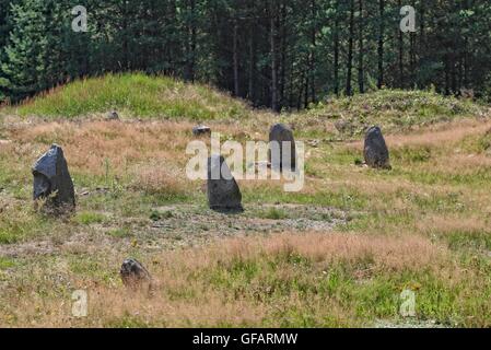 Tratkownica, Pologne. , . Journée ensoleillée et chaude dans le nord de la Pologne village de Tratkownica il a de bonnes raisons de visiter le vieux cimetière dans Tratkownica, mystérieuse. Le cimetière dans Tratkownica fondée par les Goths dans le siècle. Goths est venu à la kachoube Lake District de Scandinavie, apportant avec elle de nouveaux structures funéraires en pierre entouré de monticules - couronnes. Entre les monticules ont été cercles de l'intérieur de gros rochers qui a tenu des réunions et des tribunaux. Entre les buttes, ont également brûlé et squelettiques graves avec les os brûlés. Credit : Michal Fludra/Alamy Live News Banque D'Images