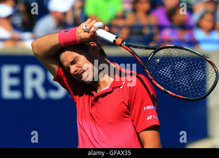 Toronto, Canada. 30 juillet, 2016. Stan Wawrinka de Suisse réagit au cours de la demi-finale du simple messieurs contre Kei Nishikori du Japon à la Coupe Rogers 2016 à Toronto, Canada, le 30 juillet 2016. Stan Wawrinka a perdu 0-2. Credit : Zou Zheng/Xinhua/Alamy Live News Banque D'Images