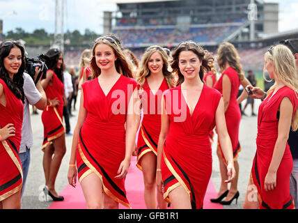 Hockenheim, Allemagne. 31 juillet, 2016. Filles de grille peut être vu avant pendant la parade des pilotes avant la course du Grand Prix d'Allemagne à Hockenheim à Hockenheim, Allemagne, 31 juillet 2016. Photo : JAN WOITAS/DPA/Alamy Live News Banque D'Images