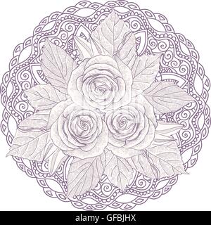 Mandala avec bouquet de trois roses isolé sur fond blanc. Illustration de Vecteur