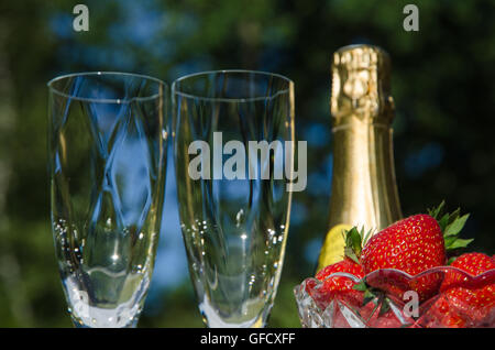 Haut de bouteille de champagne, deux verres et un bol de fraises oudoors dans un jardin Banque D'Images