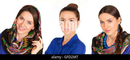 Close up portrait of a de belles femmes en chemise bleue, isolé sur fond blanc Banque D'Images