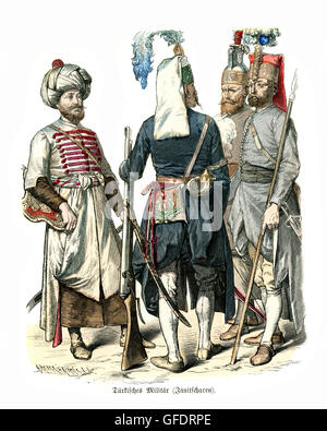 Les uniformes militaires de la Turquie Ottomane 17e et 18e siècle. Les unités d'infanterie d'élite janissaires qui a formé le Sultan ottoman's hou Banque D'Images