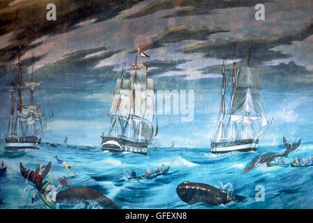 New Bedford Whaling Museum, Massachusetts. Détail d'un grand peint 19C. diorama montrant des scènes de chasse à la baleine au harpon Banque D'Images