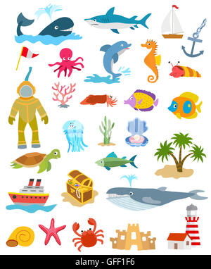 Jeu de mer et animaux marins et de poissons, des palmiers et château de sable, les navires, la poitrine d'or, le phare Banque D'Images