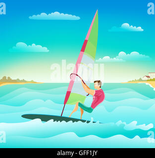 Caricature avec planche à voile homme athlétique sur les vagues de l'océan. d'été élégant illustration thème sport surf Banque D'Images