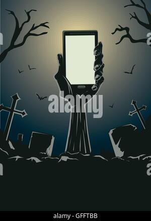 Zombie hand holding smartphone écran blanc jusqu'à partir de la grave Illustration de Vecteur