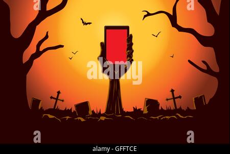Zombie hand holding smartphone écran blanc jusqu'à partir de la grave Illustration de Vecteur